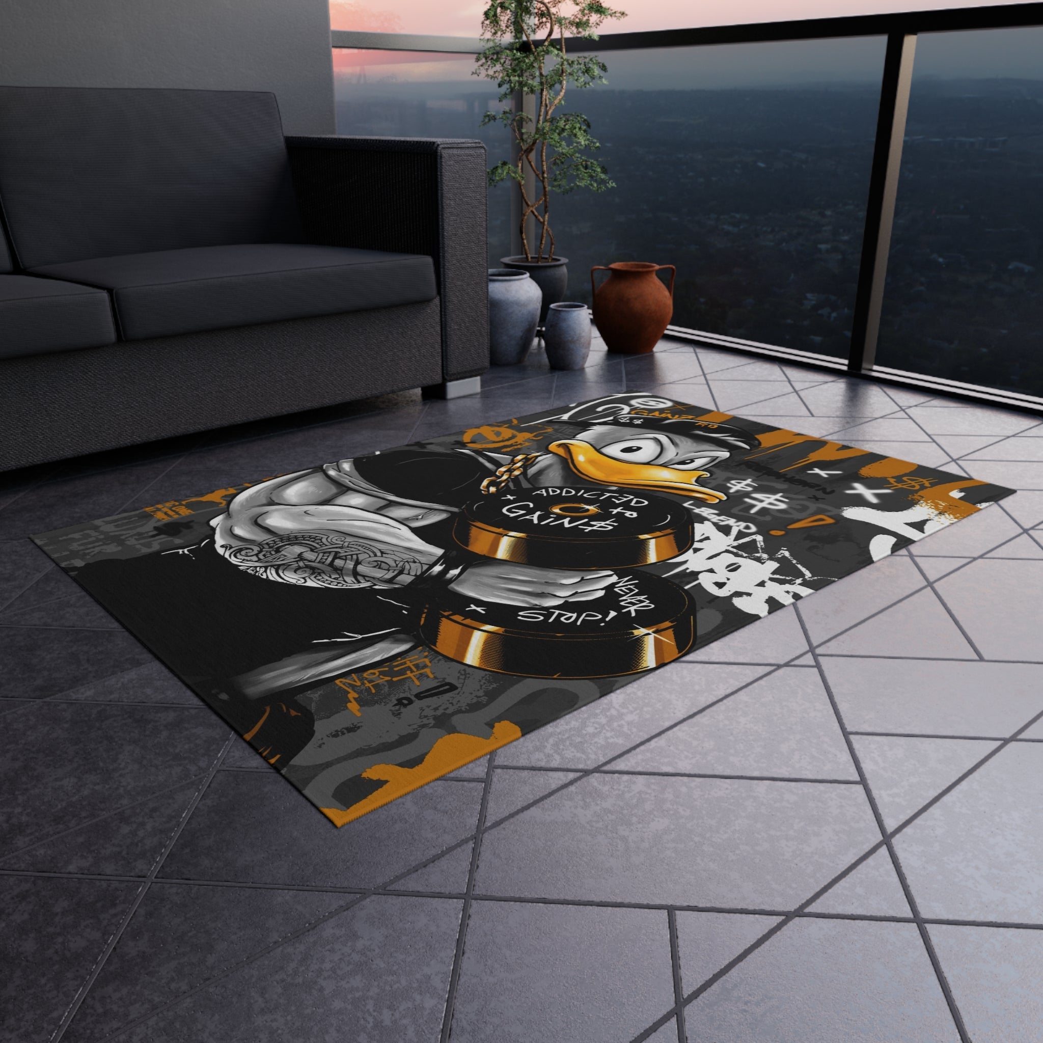 Addicted To Gainz w/ Donald Duck Black & Yellow Rug - REBHORN DESIGN