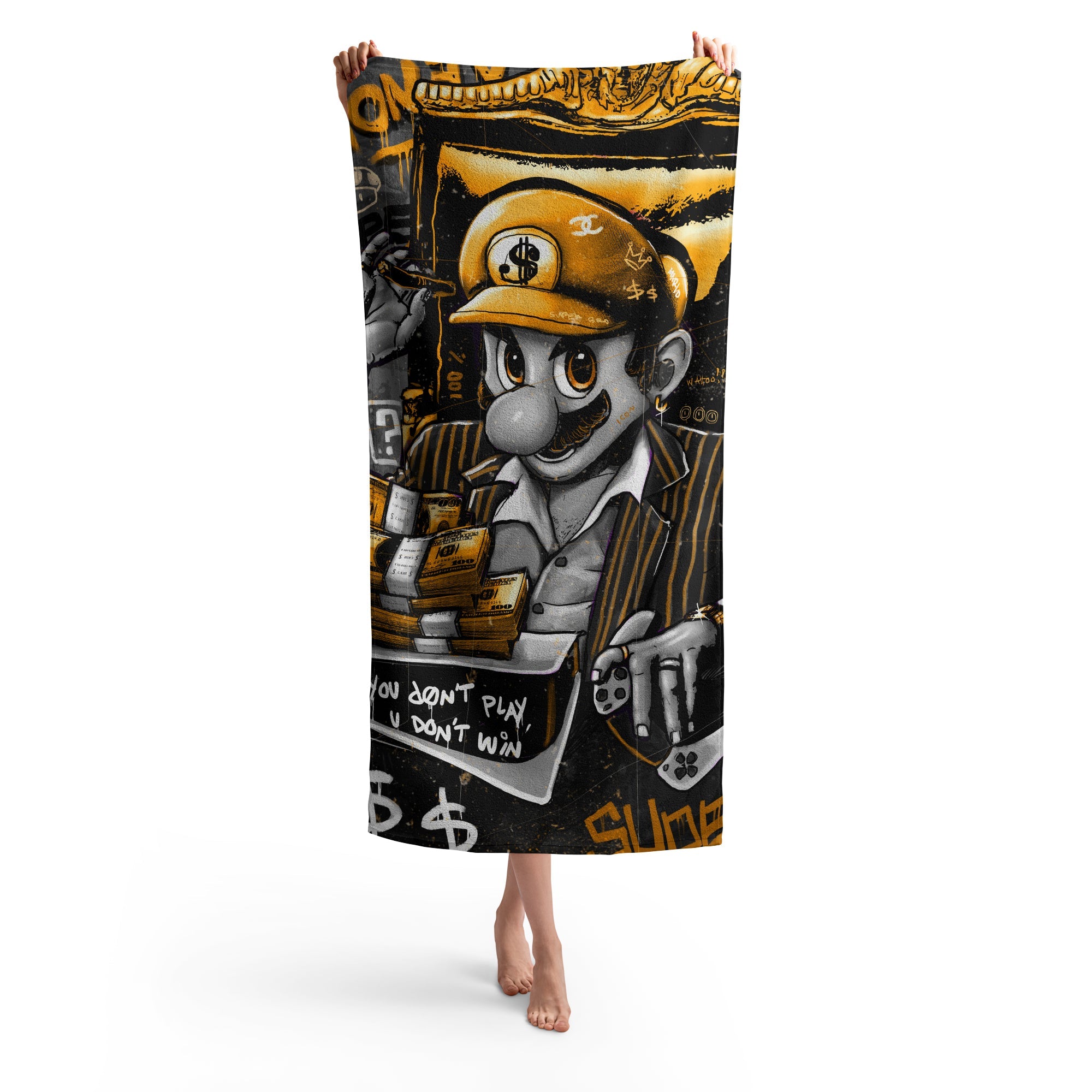 IF YOU DON'T PLAY, YOU DON'T WIN BLACK & GOLD BEACH TOWEL - REBHORN DESIGN