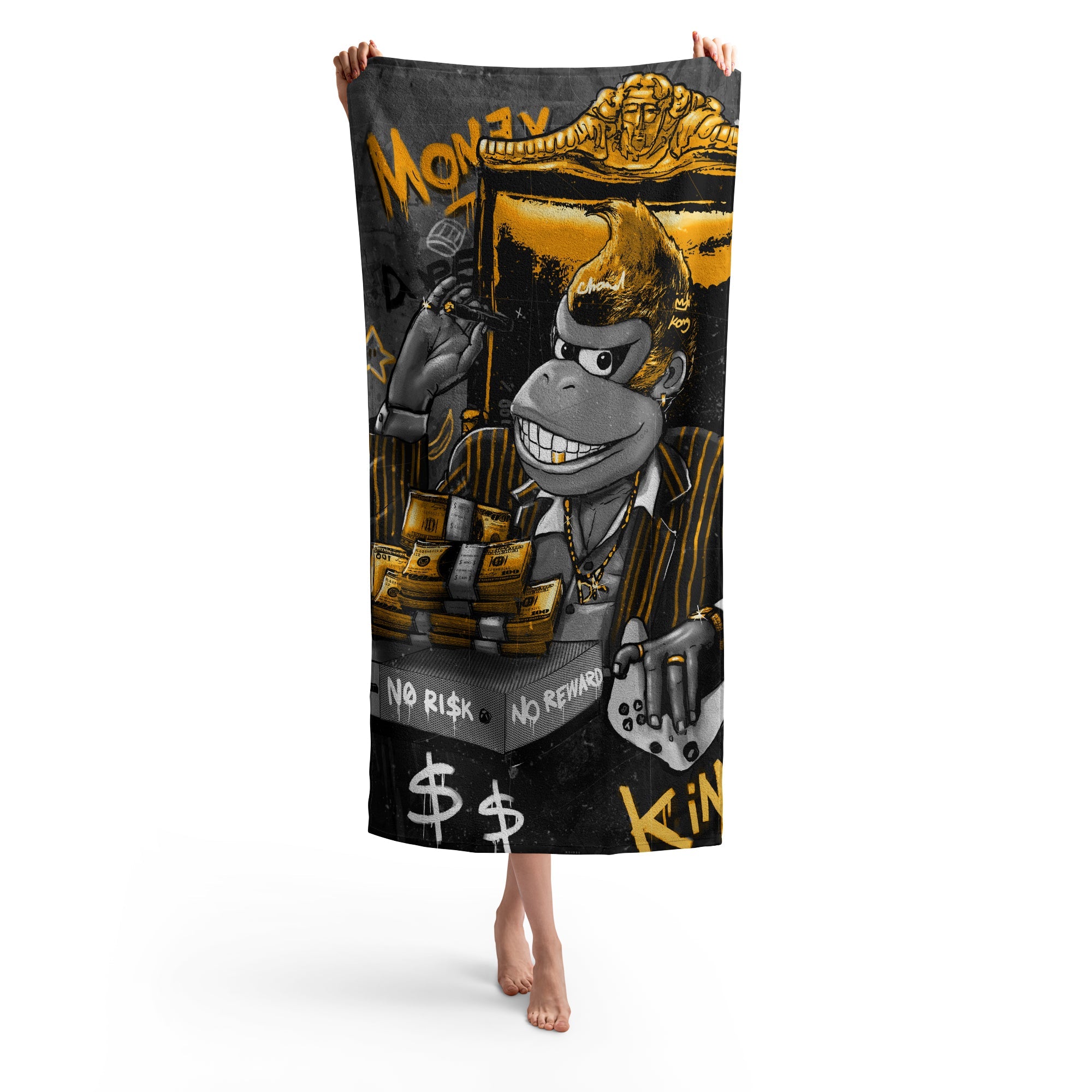 NO RISK, NO REWARD BLACK & GOLD BEACH TOWEL - REBHORN DESIGN