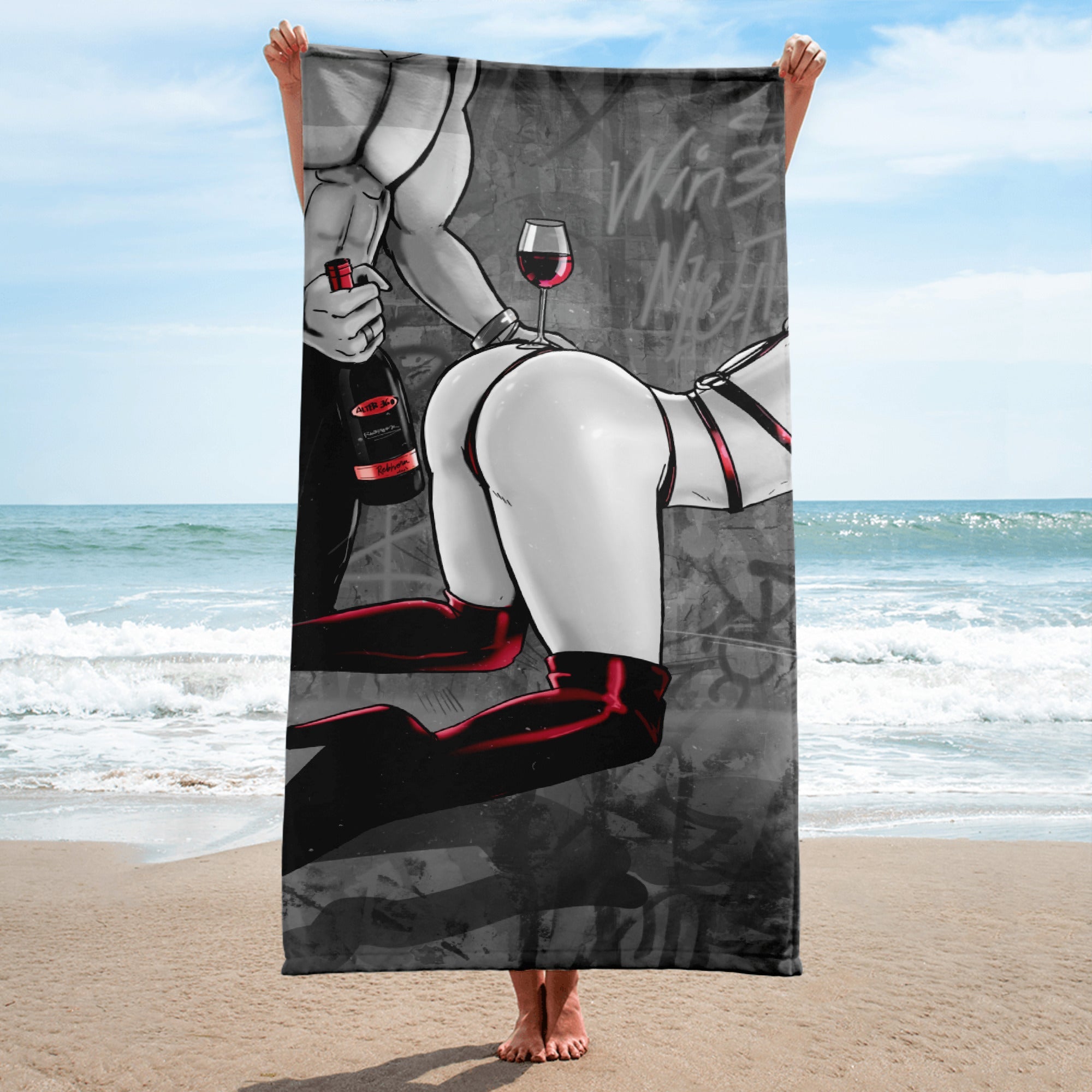 EROTICA - WINE NIGHT MONOCHROME VERSION BEACH TOWEL - REBHORN DESIGN